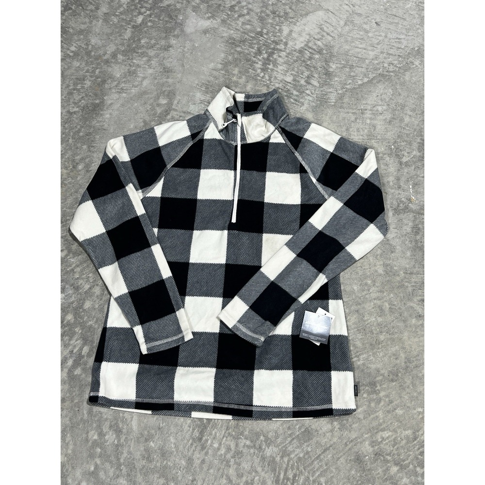 Eddie Bauer Women M White Black Buffalo Plaid Fleece 1/4 Zip Pullover NWT